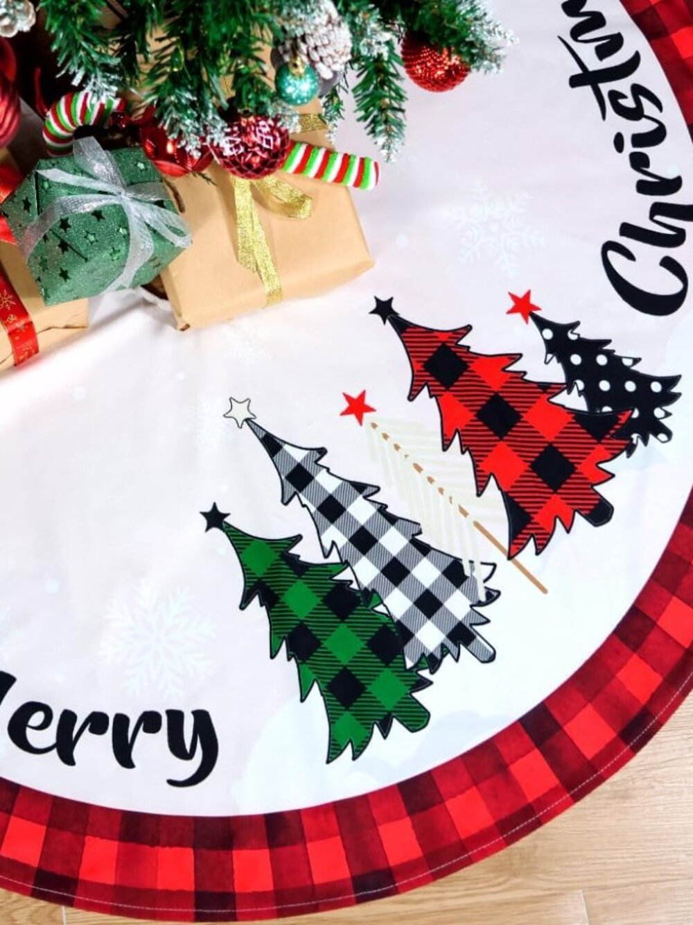 Christmas Tree Skirt 48 Inch Red Rustic Xmas Tree Skirt with Snowflake, Black Re